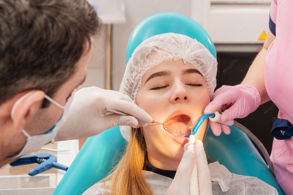 a woman is getting dental treatemnt